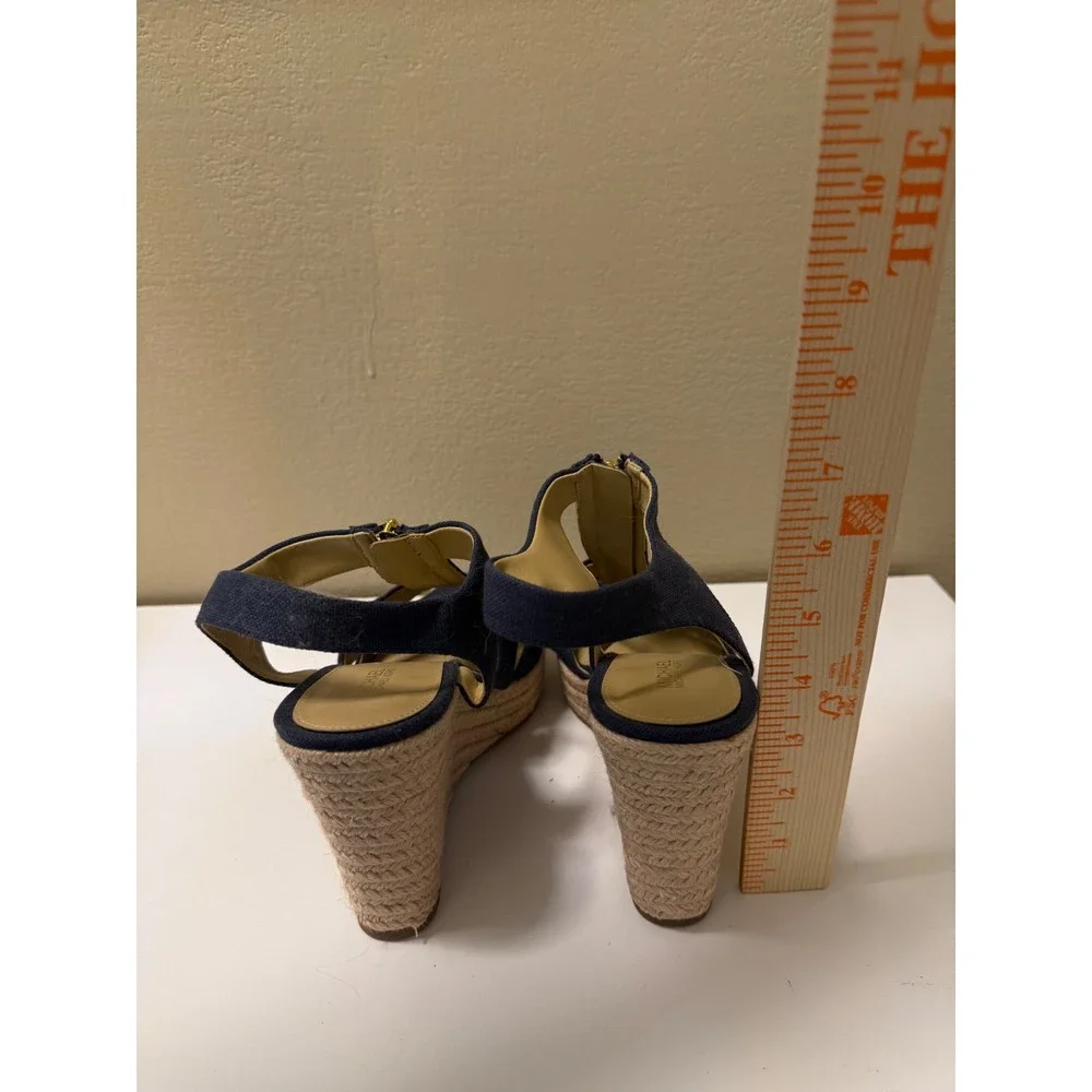 Michael Kors Navy Blue Canvas Espadrille Wedge Sandals Gold Zip Front 8.5M PW21K